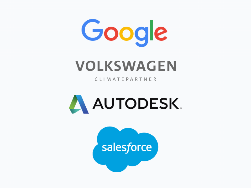 Logos for Google, Volkswagen Climatepartner, Autodesk, and Salesforce